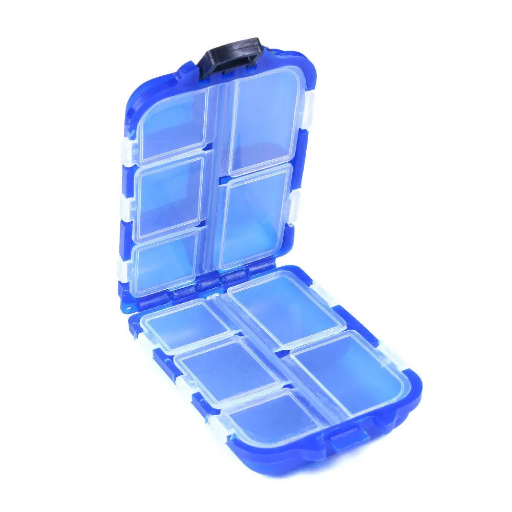 Small black plastic fishing tackle storage box open to show a 10-compartment grid interior.