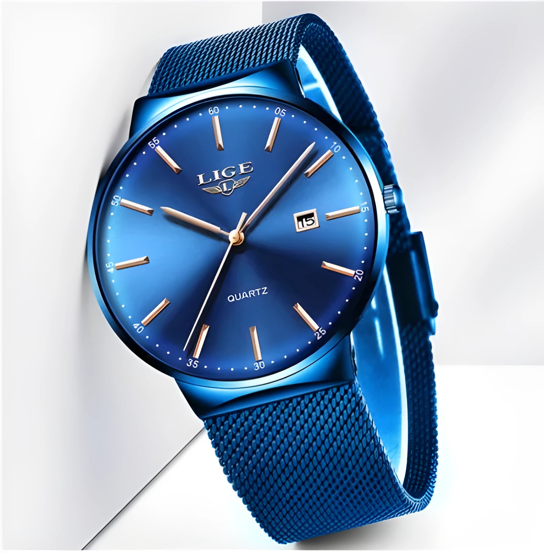 Men's stainless steel watch with a 40mm case shown in black, blue, and two-tone colour options.
