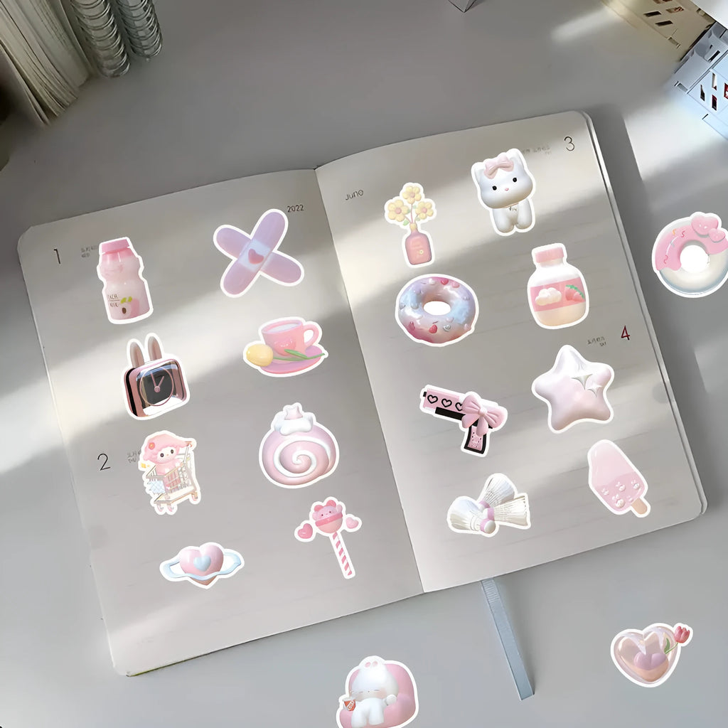Pink girly heart decorative stickers pack with 63 pieces, showing 3D realistic effect in a cute style.