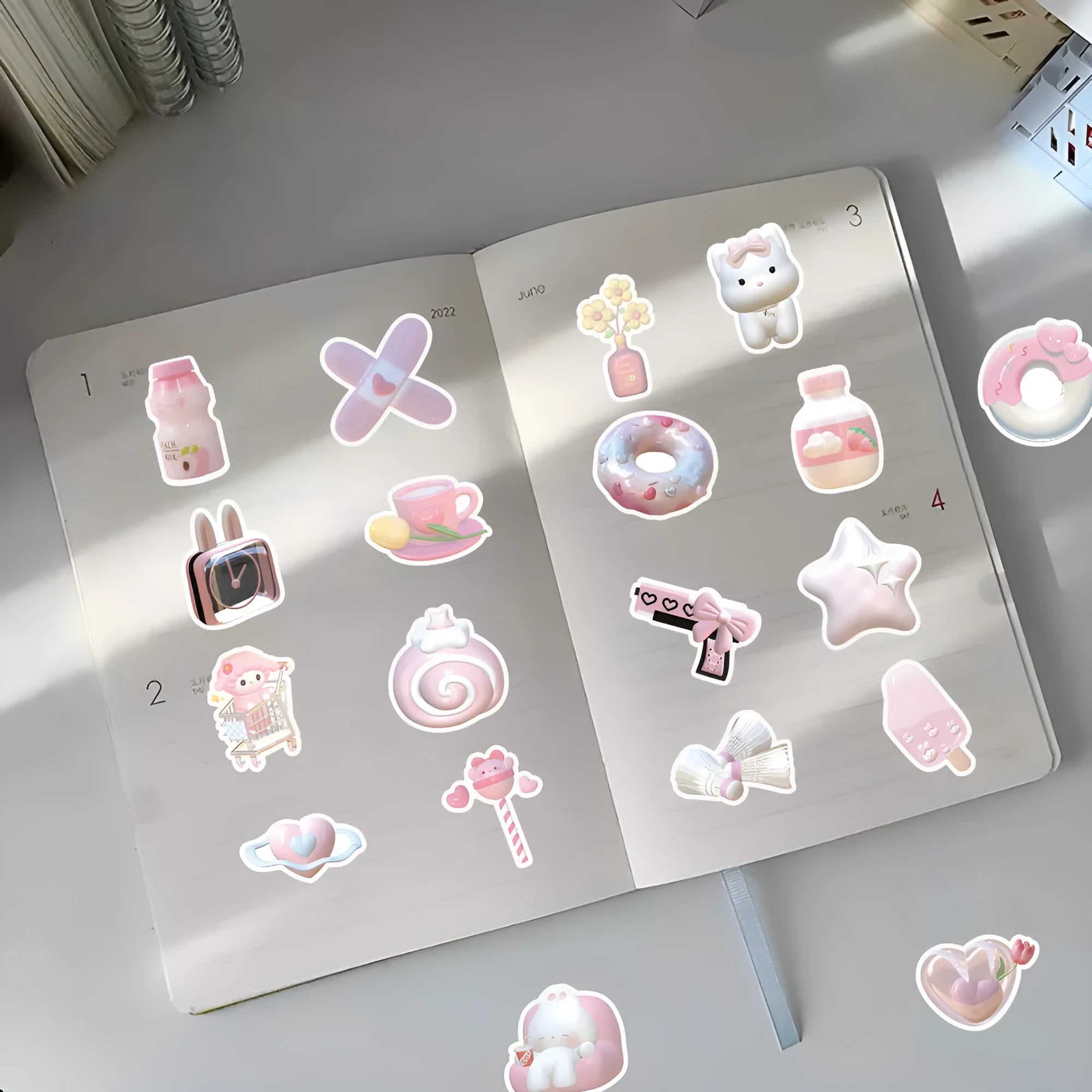 Pink girly heart decorative stickers pack with 63 pieces, showing 3D realistic effect in a cute style.