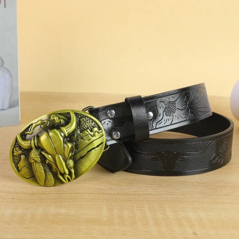 Men's belt with cow head alloy buckle in imitation leather with pin buckle fastening