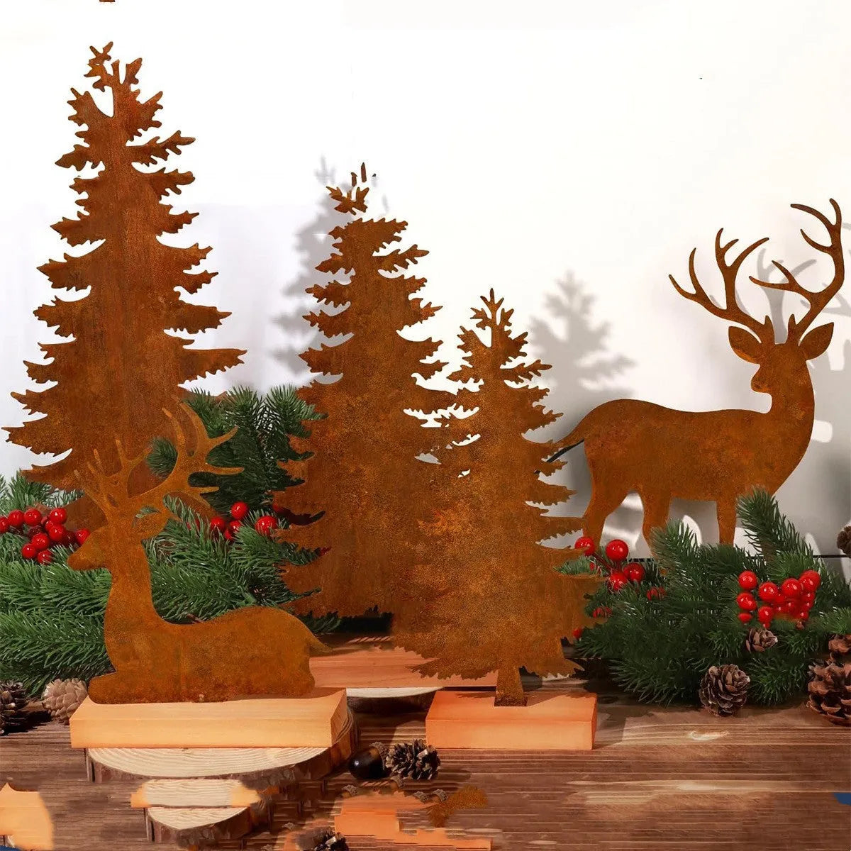 Set of three metal rustic elk Christmas tree decorations in vintage American style.