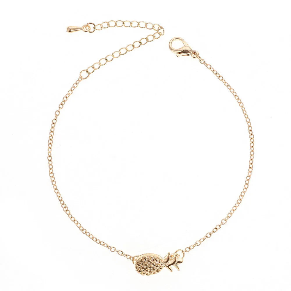 Alloy pineapple charm bracelet for women in gold or silver tone with adjustable chain
