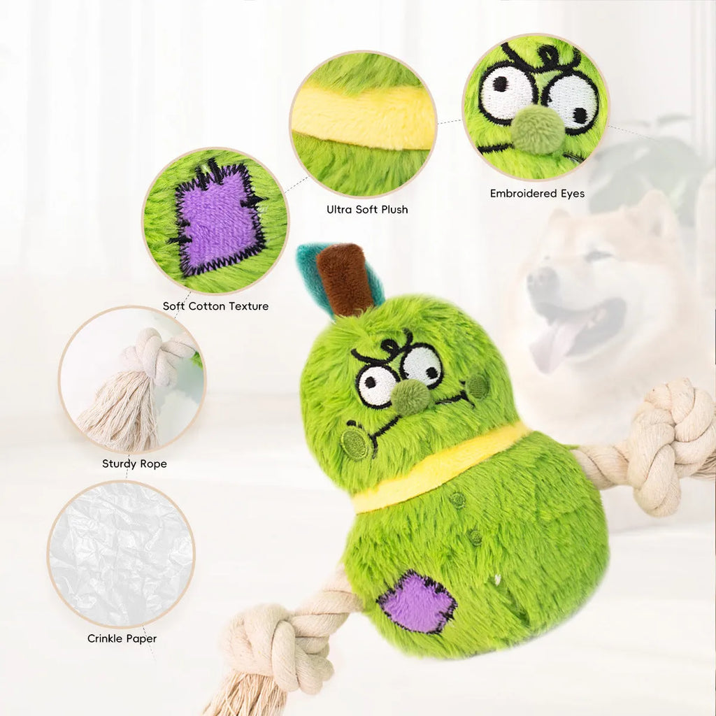 Green and purple plush rope knot dog toy with molar tooth texture for interactive tug play