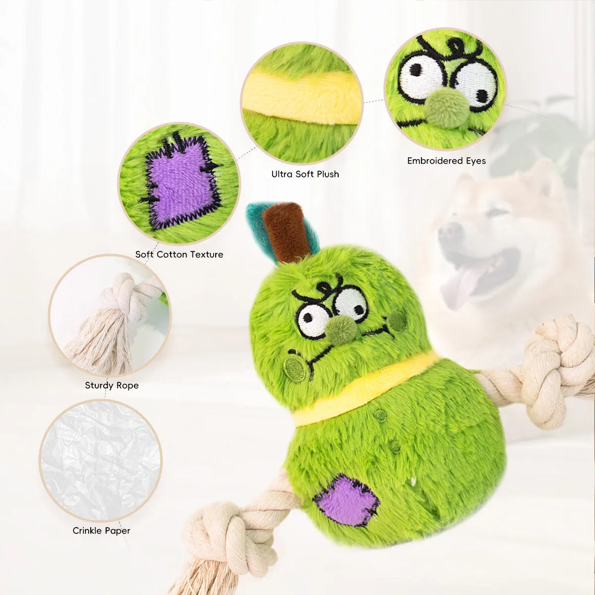 Green and purple plush rope knot dog toy with molar tooth texture for interactive tug play