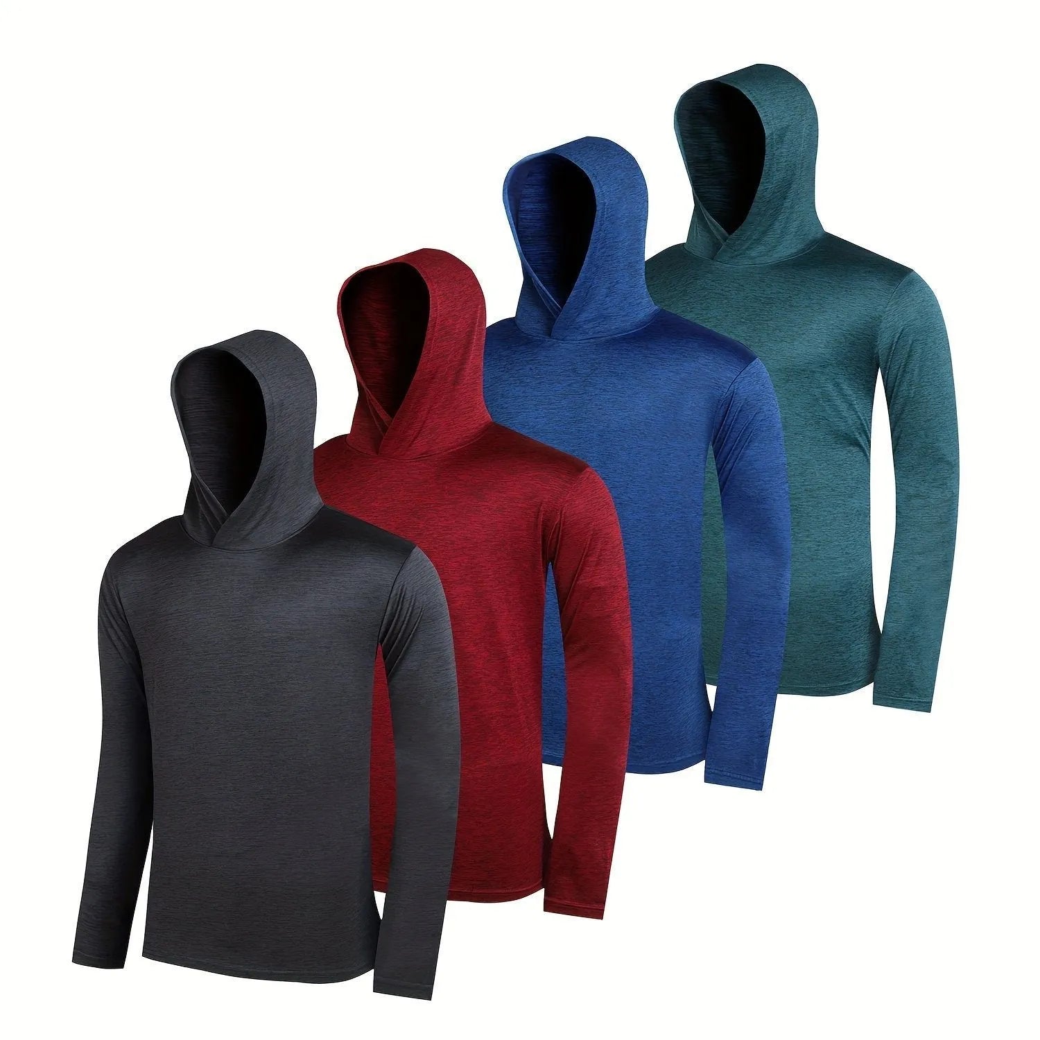 Set of four men's lightweight polyester hoodies on hangers, showing colour options and basic design.