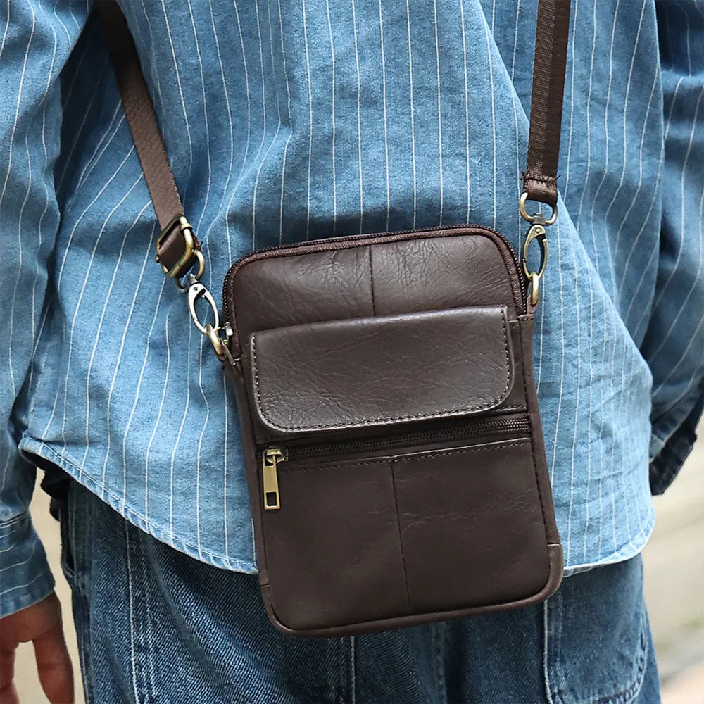 Men's brown leather crossbody shoulder bag with decorative stitching