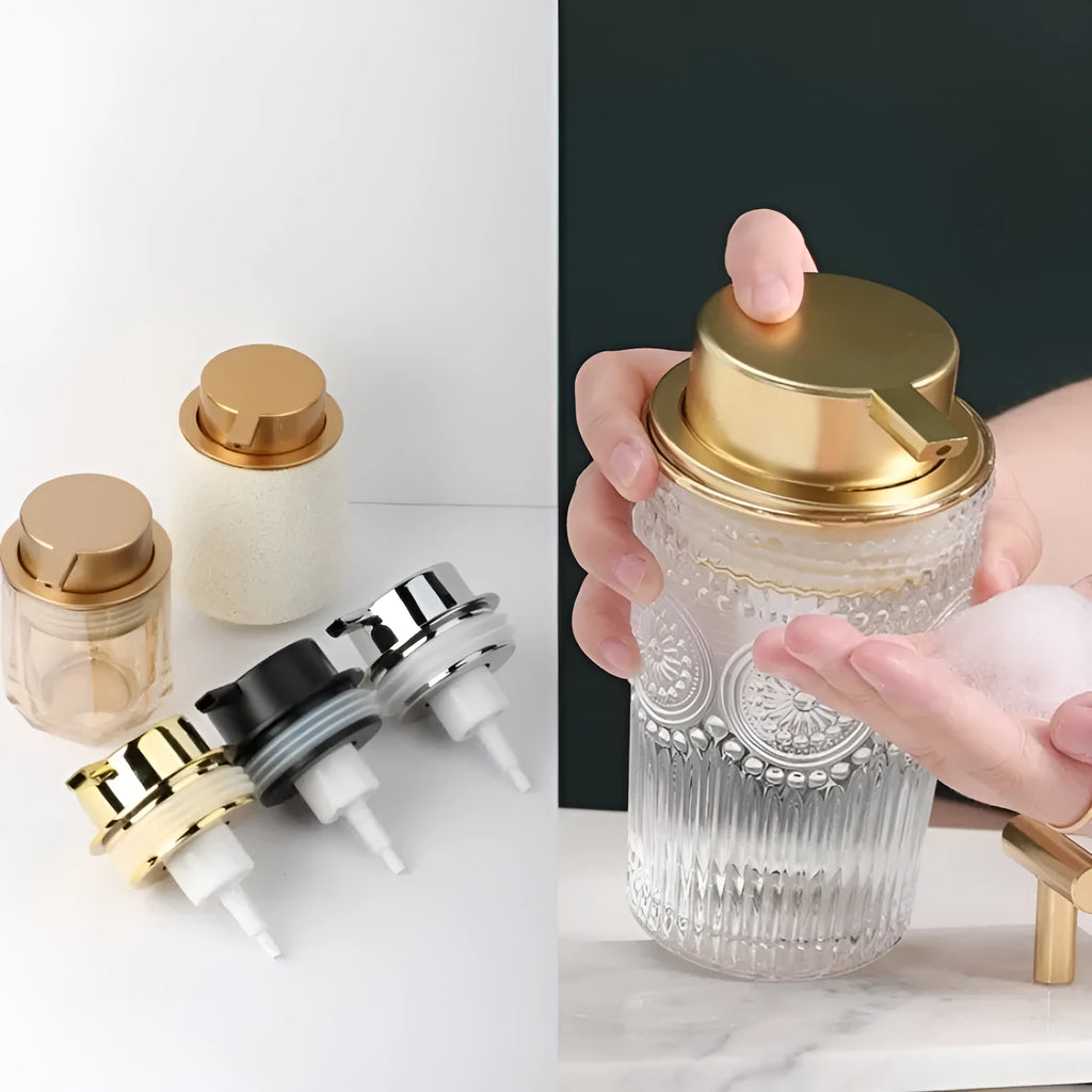 ABS plastic manual foam pump head for soap or cleanser in gold, silver, black, and Asian gold colours