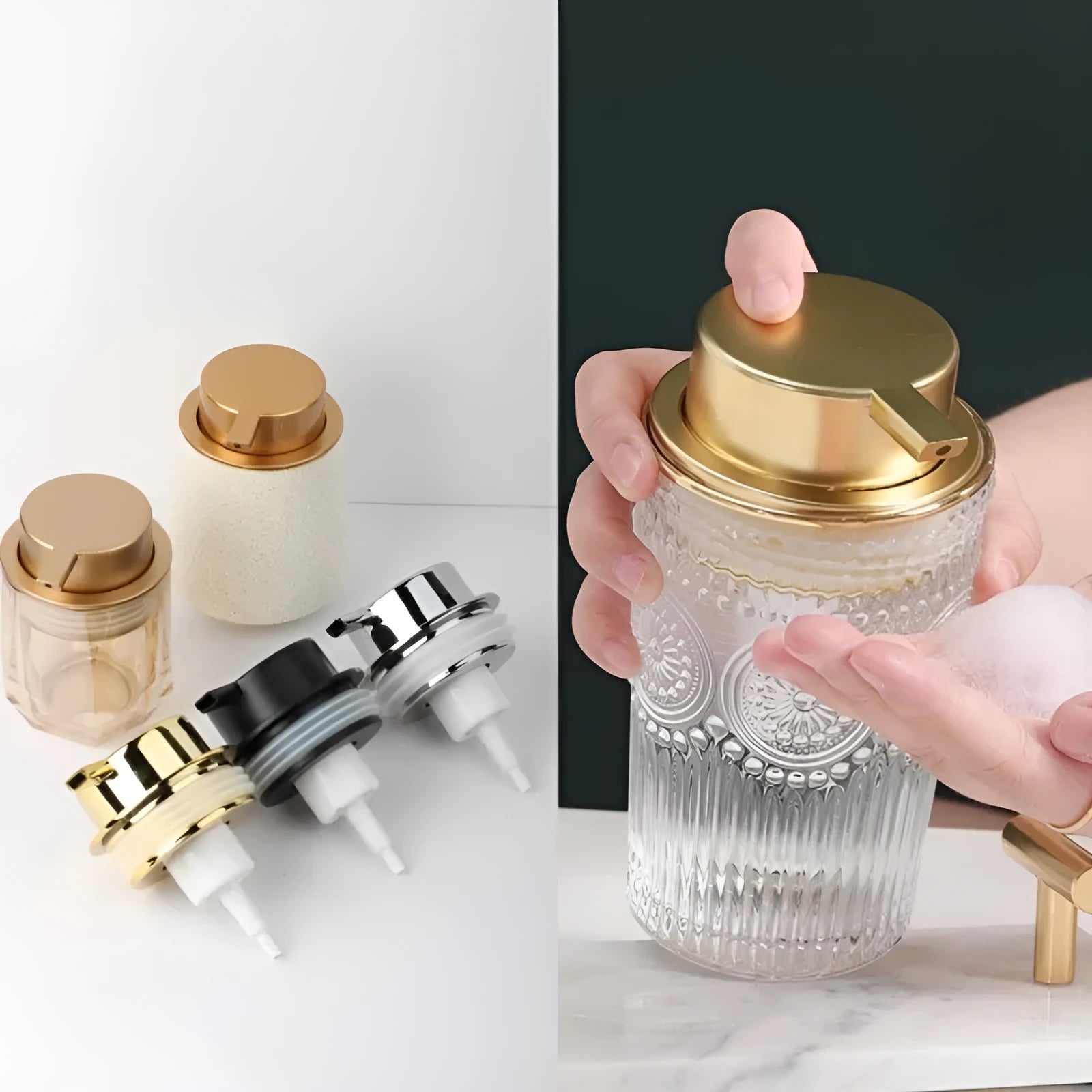 ABS plastic manual foam pump head for soap or cleanser in gold, silver, black, and Asian gold colours