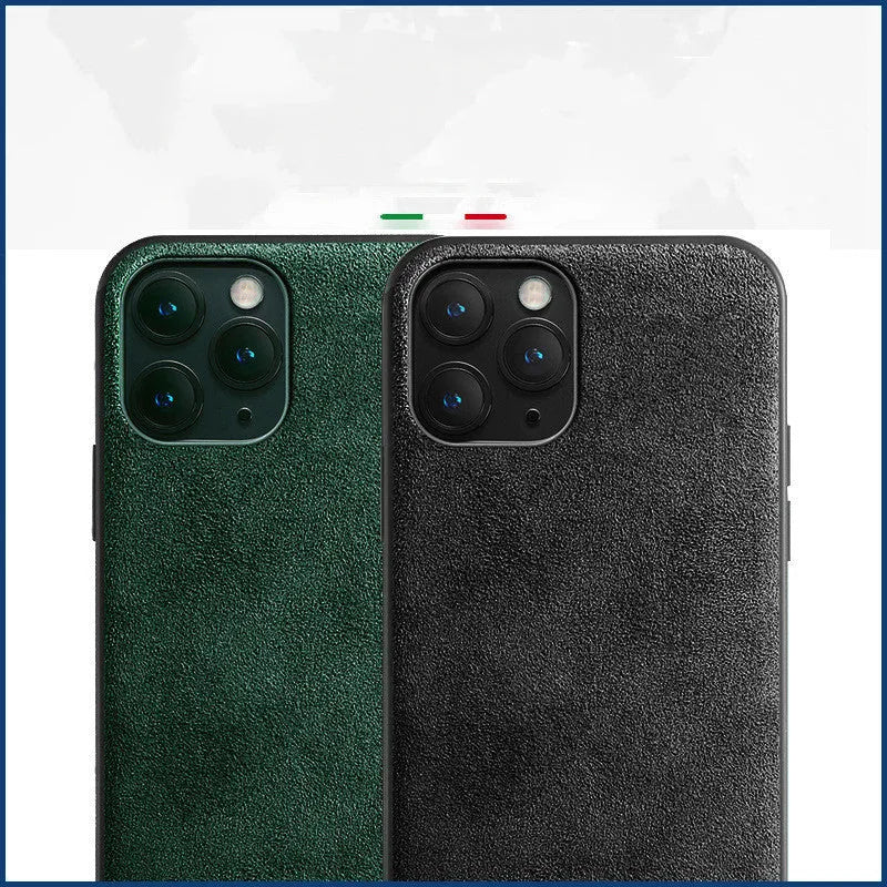Suede iPhone case in dark blue colour showing full-cover design on an iPhone model.