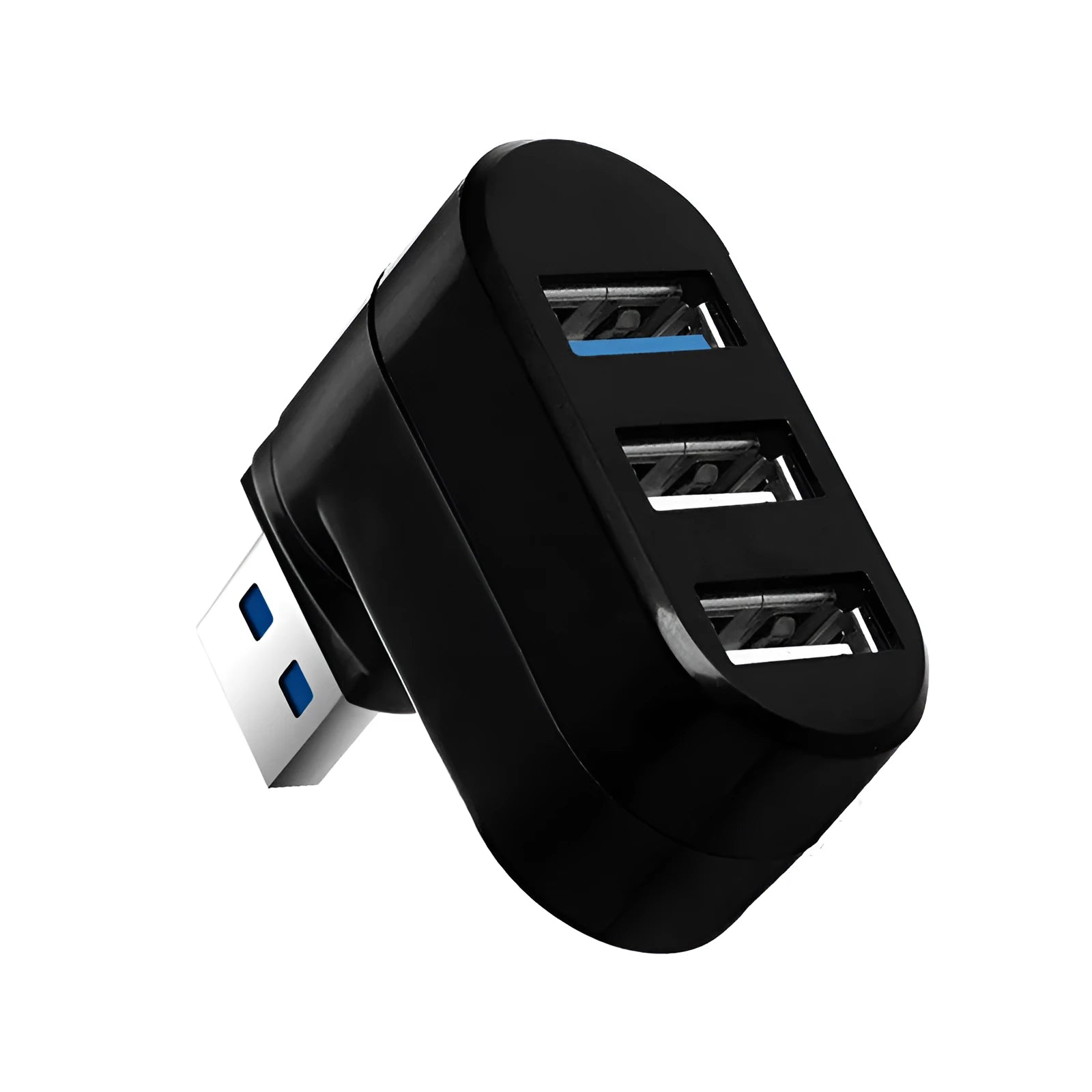 Black USB rotary splitter hub showing four USB ports on a rotating white body.