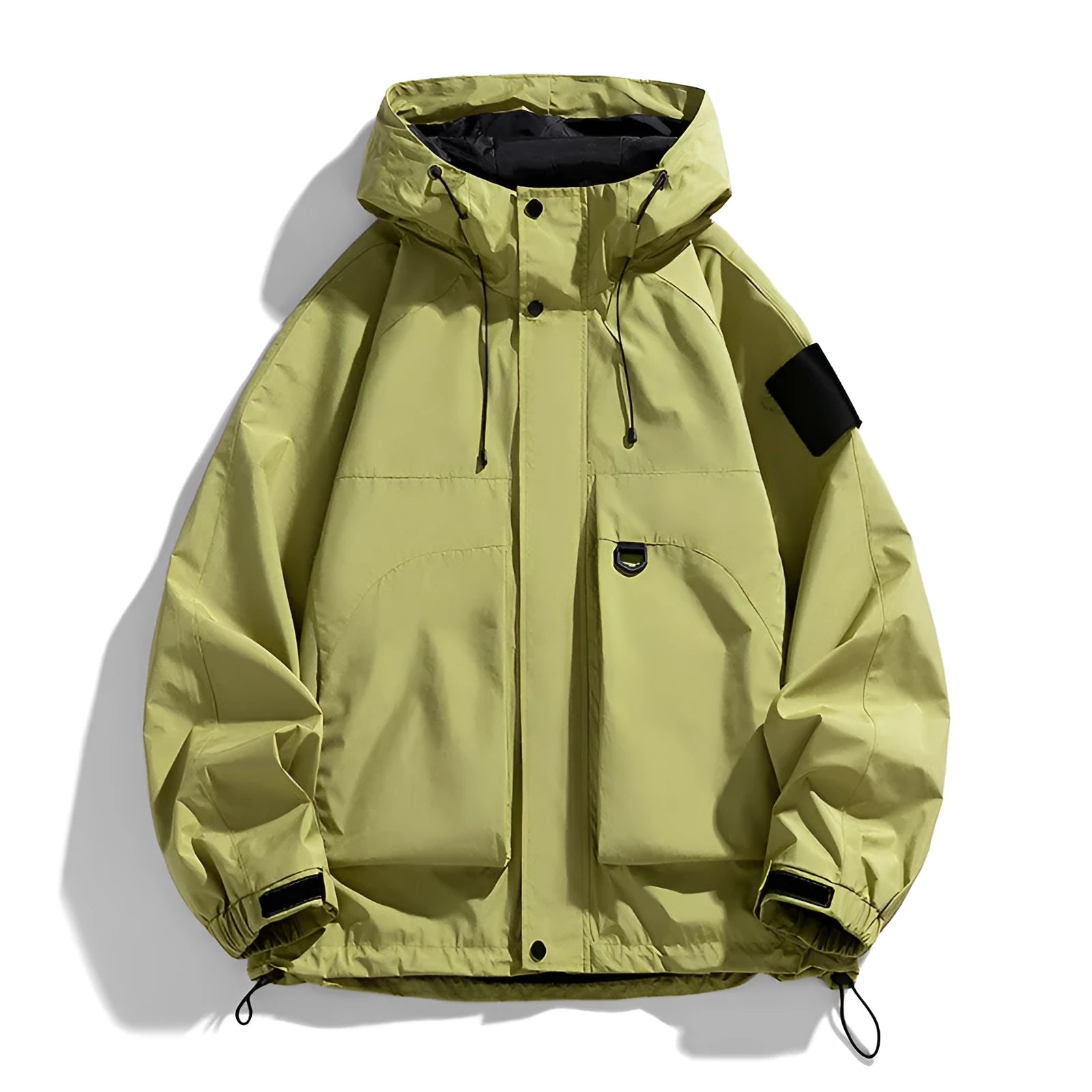 Men's black windproof waterproof hooded coat with long sleeves on a mannequin.