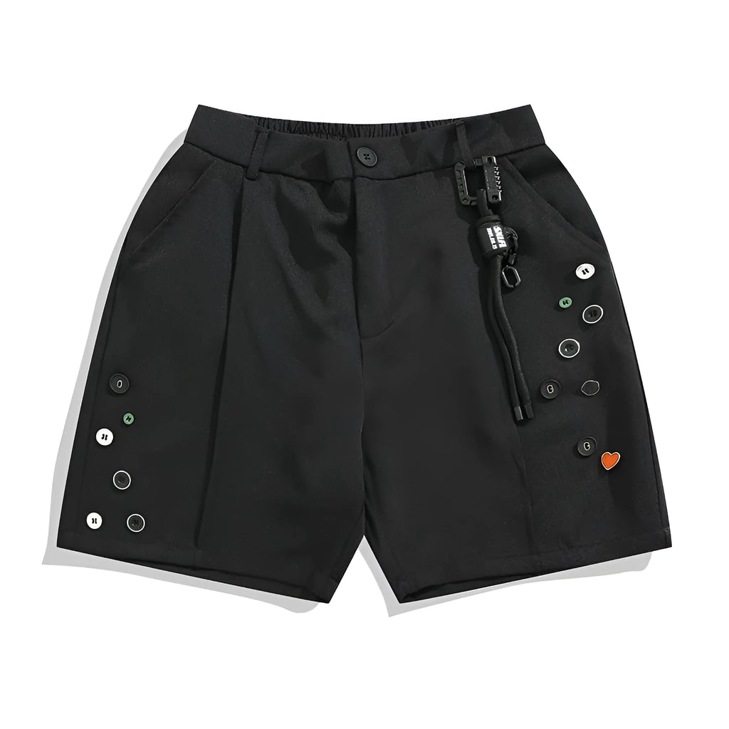 Black semi-elastic shorts with colour button fastening and straight leg loose fit design