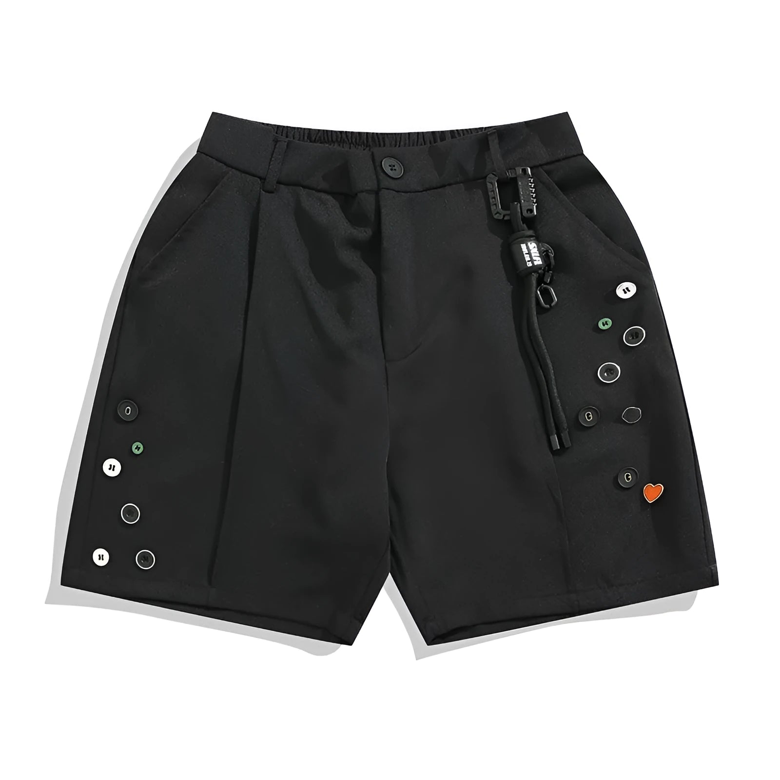 Black semi-elastic shorts with colour button fastening and straight leg loose fit design