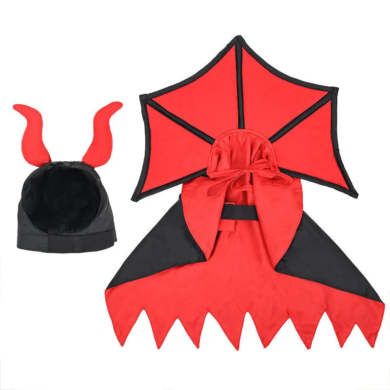 Black polyester vampire cloak and hat costume for a cat or small dog on a white background.
