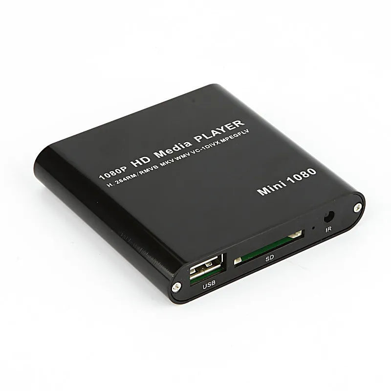 Blue 1080p HDMI media player with USB and SD card slots on compact all-metal chassis