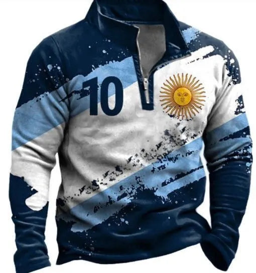 Man wearing a loose-fit long sleeve retro print t-shirt with striped and zipper decorations.