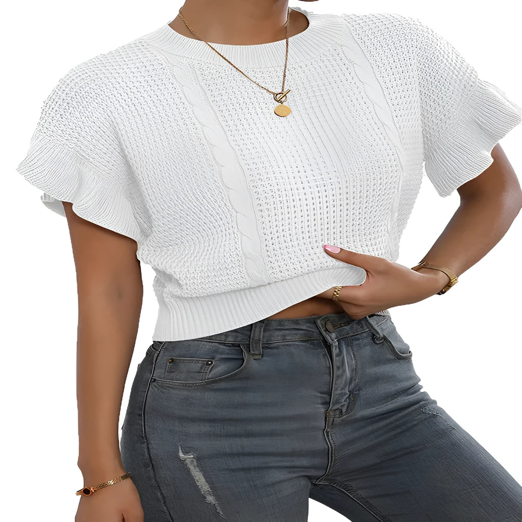 Loose fit knitted pullover sweater with ruffled short sleeves and twisted string design detailing