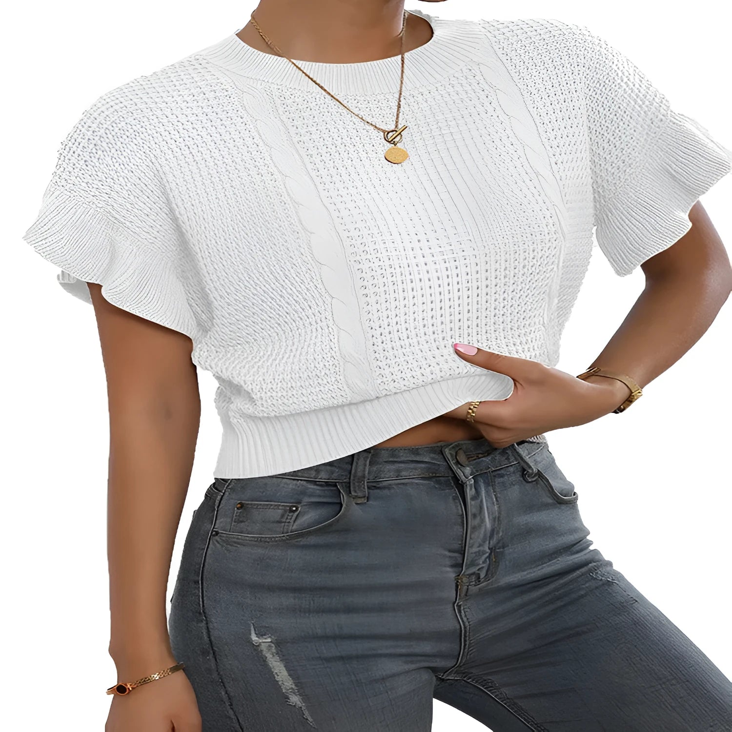 Loose fit knitted pullover sweater with ruffled short sleeves and twisted string design detailing