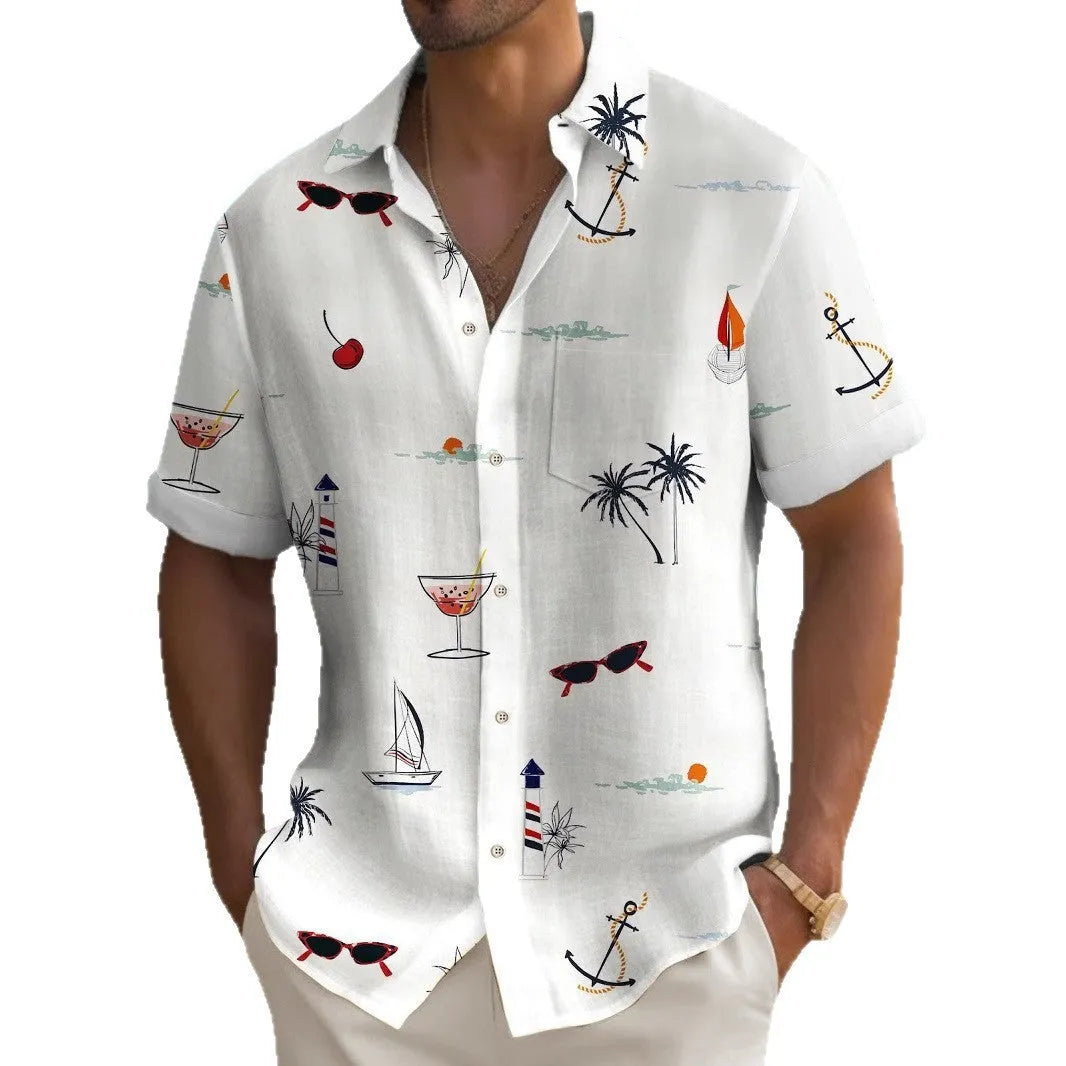 Men's short sleeve Hawaiian print shirt with colourful pattern on polyester fabric.