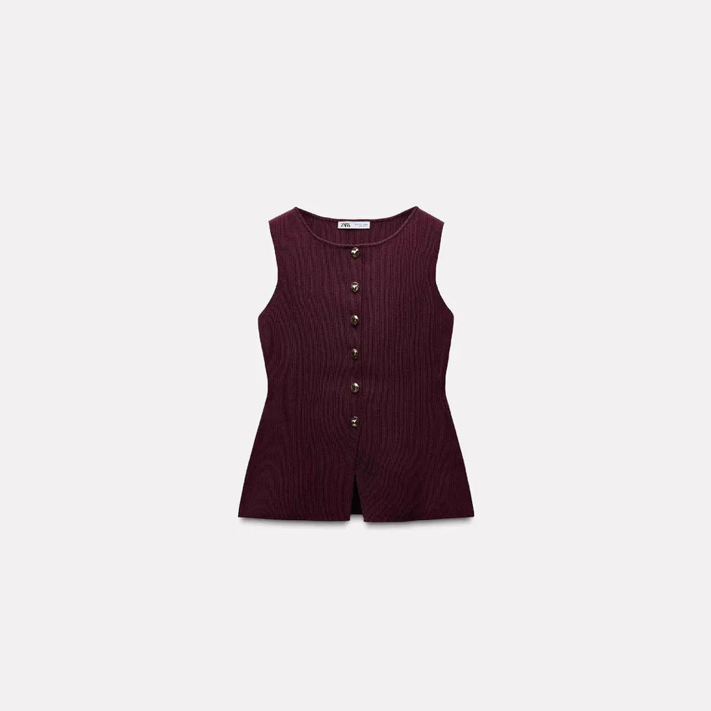 Women's dark red slim-fit viscose sleeveless vest with a raised 3D pattern design.