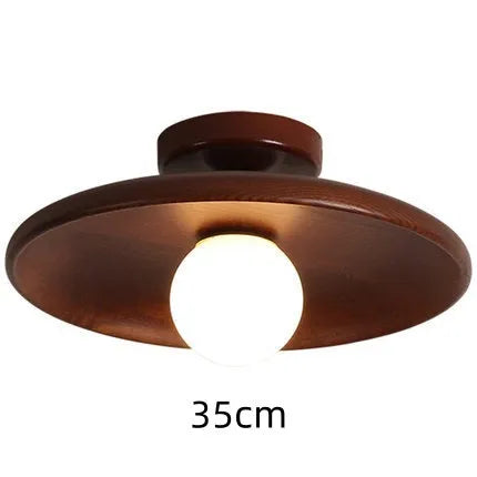 Modern solid wood and glass ceiling lamp in walnut colour showing three size options.