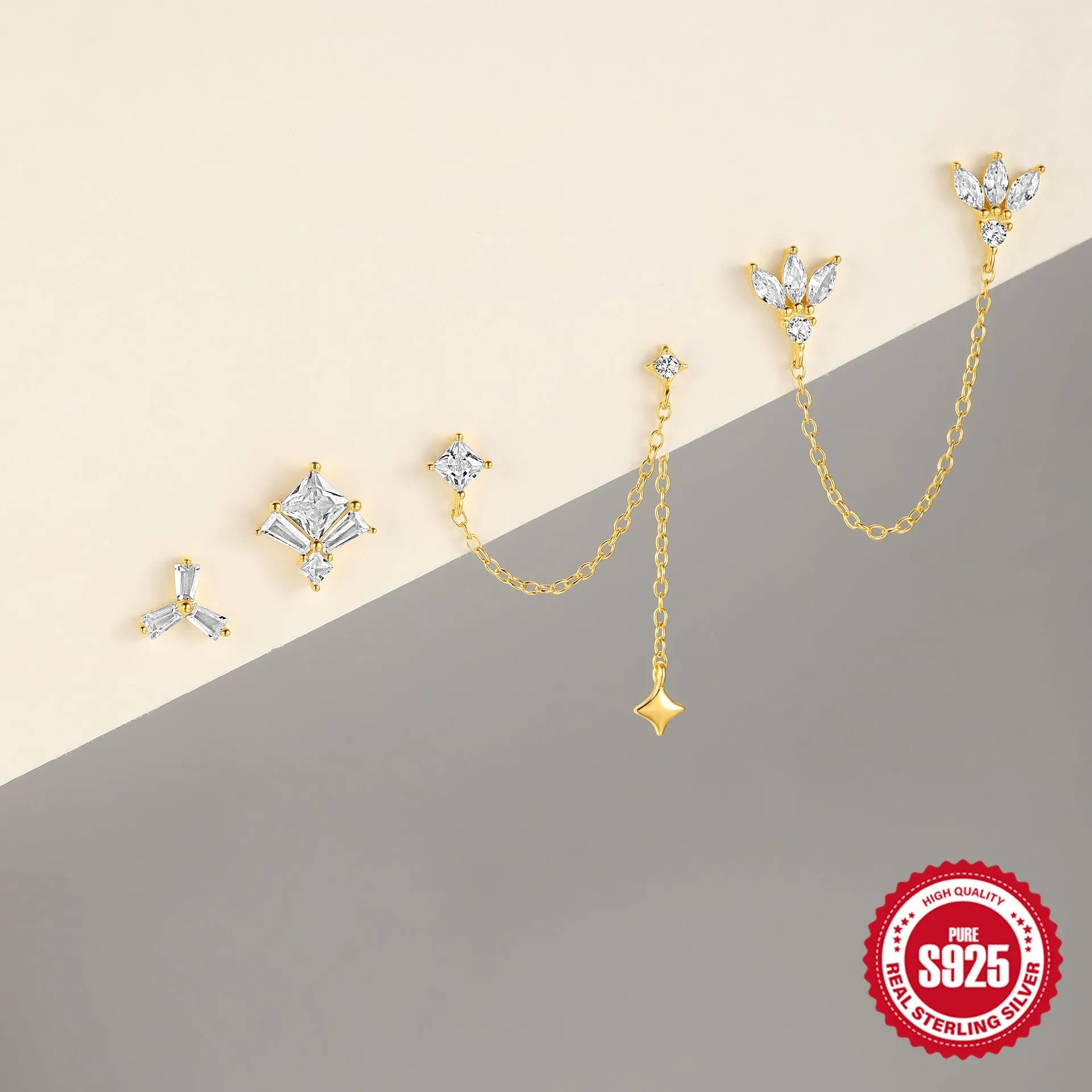 S925 sterling silver double ear piercings chain stud earrings with geometric design and zircon detailing