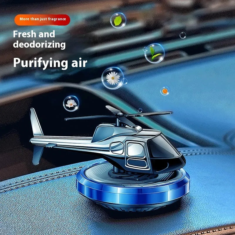 Metal solar helicopter car perfume rotating on dashboard in silver black or blue