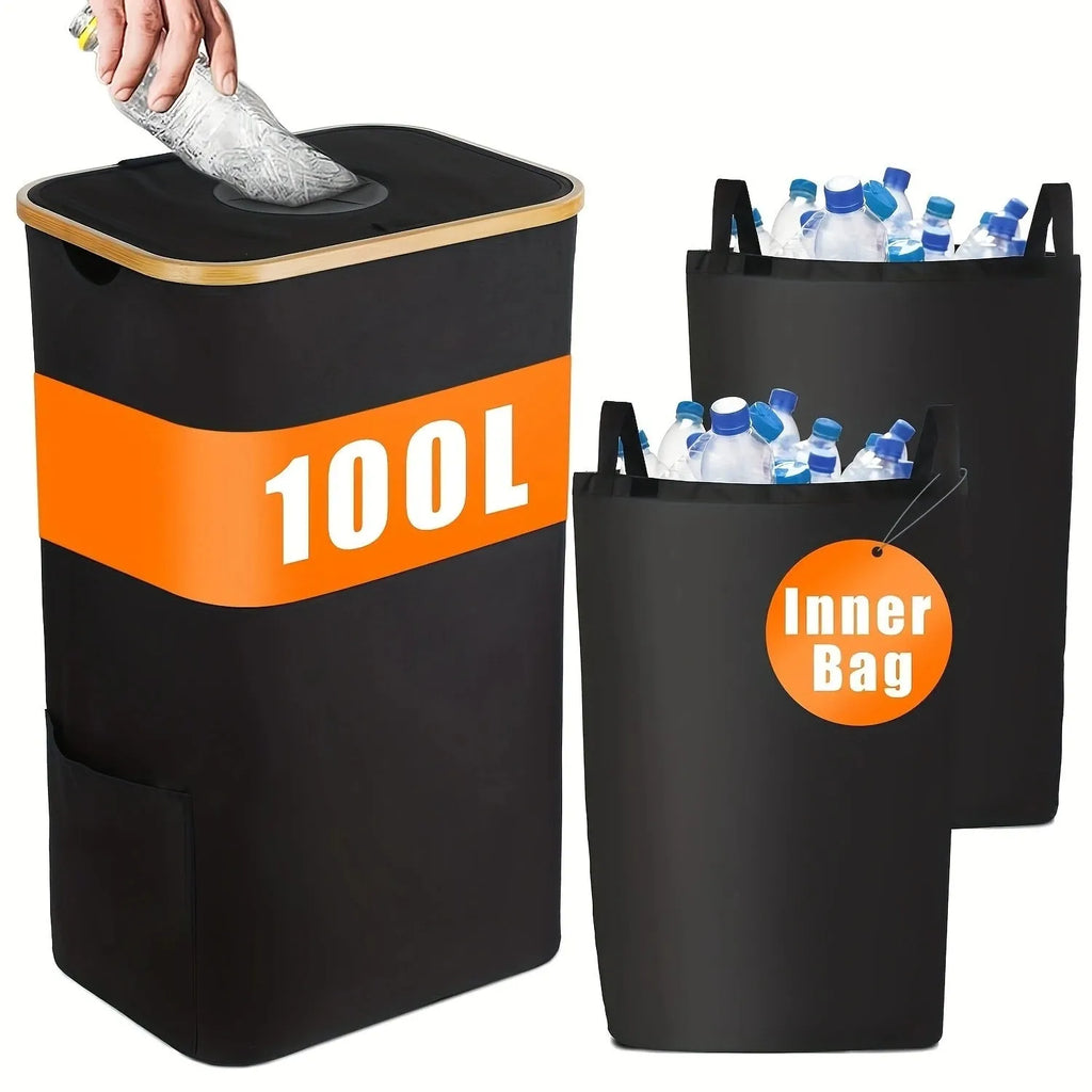 Black bamboo storage basket with lid showing ventilation holes and internal pockets