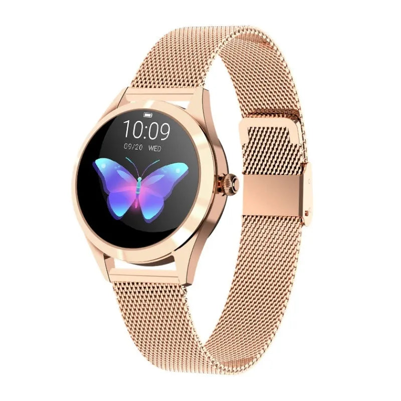 Women's sports smartwatch with colour display showing heart rate monitoring, available in black, rose gold, silver, and white colours