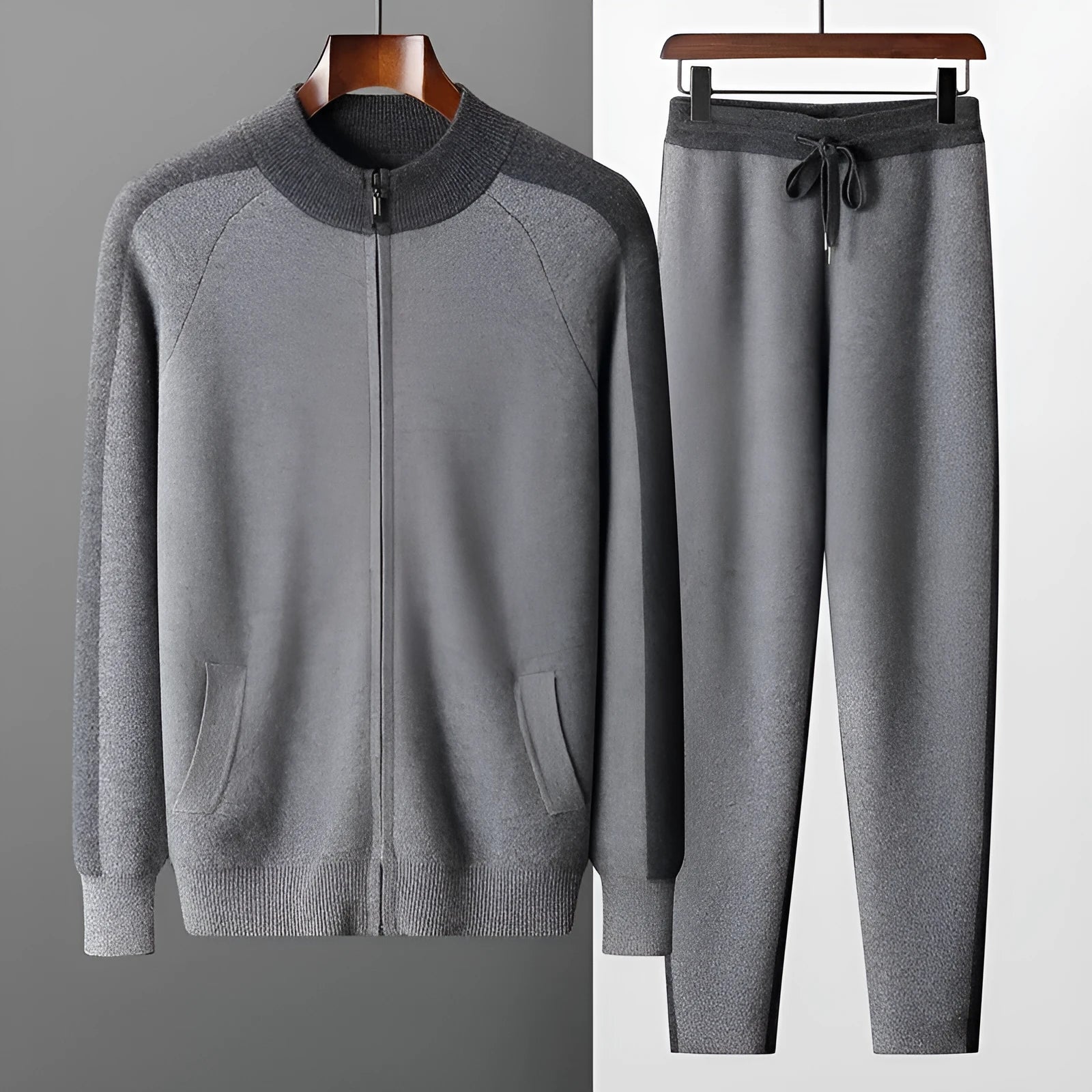 Men's cashmere blend cardigan suit with half turtleneck zip and matching trousers in winter colours