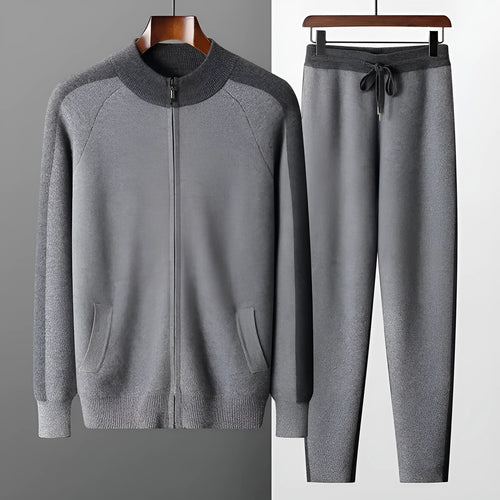 Men's cashmere blend cardigan suit with half turtleneck zip and matching trousers in winter colours