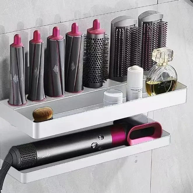 White aluminium punch-free bathroom storage rack with double layers for Marcel waver curlers