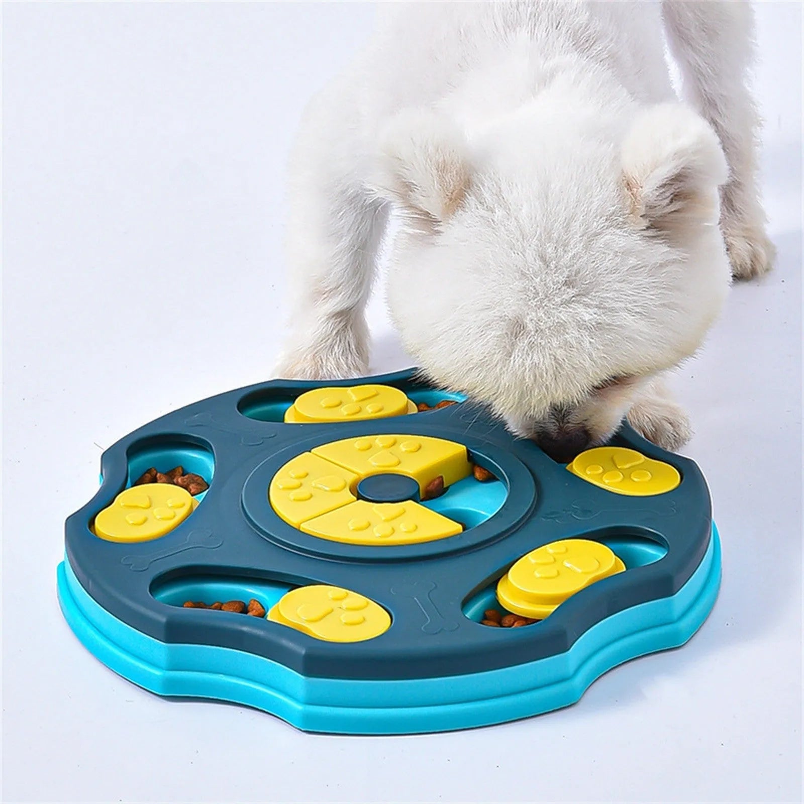 Blue dog puzzle feeder bowl with food compartments for interactive feeding games