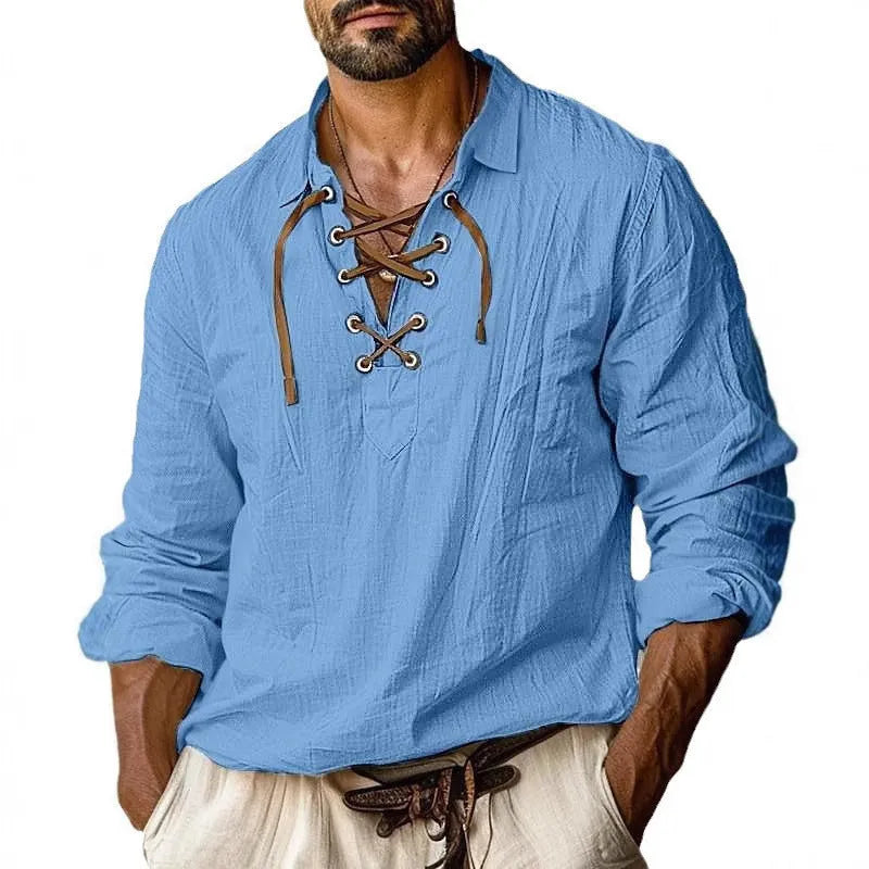 Men's plus size solid colour linen blend shirt with lapels and long sleeves in a loose fit.