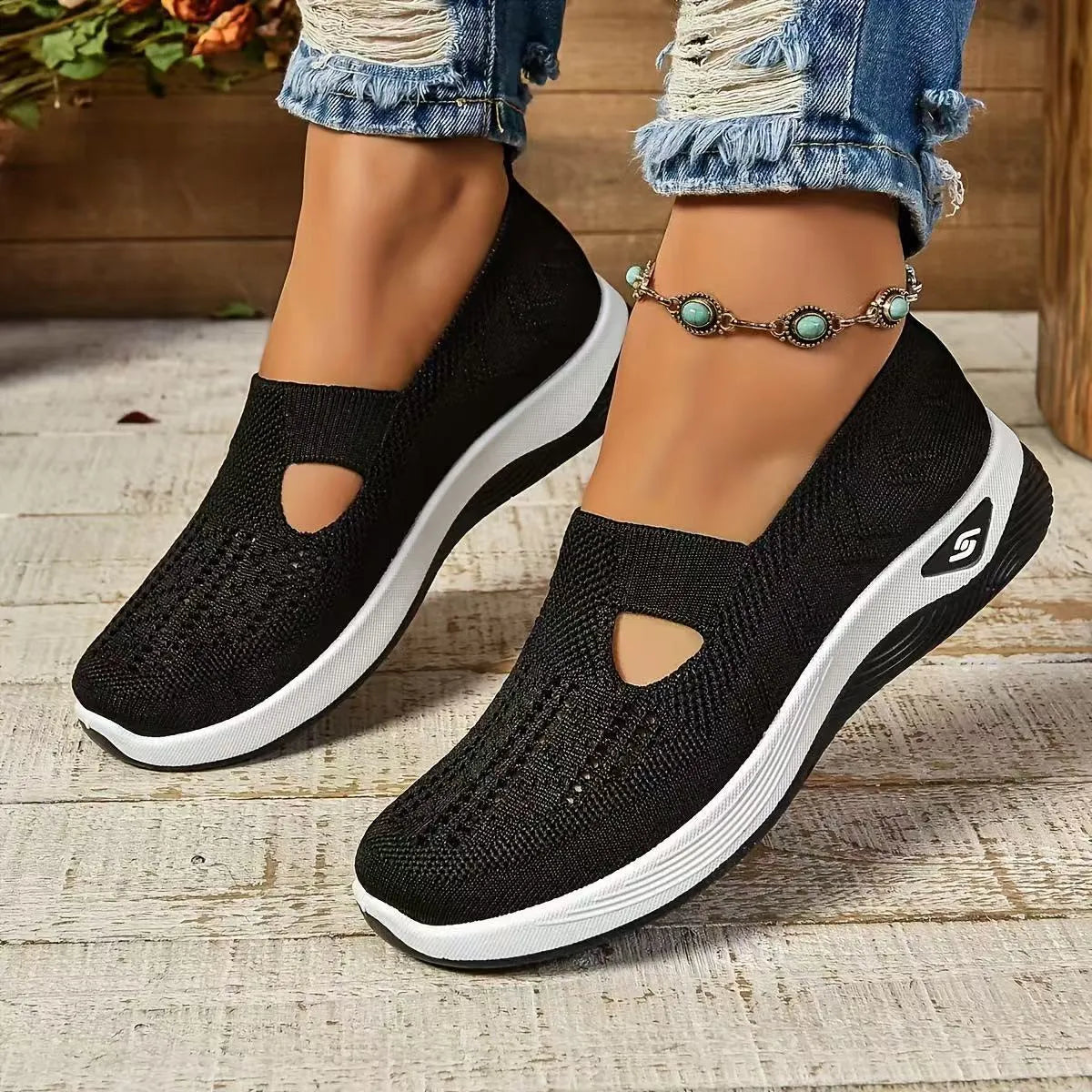 Women's casual low-top mesh shoes with a T-strap and soft PVC sole in multiple colours.