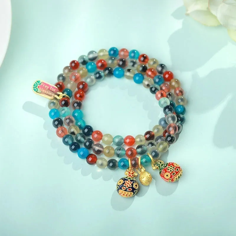 Natural colourful sugar heart agate bracelet with traditional Chinese symbols and copper coin elements on snake chain