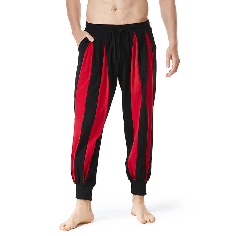 Men's straight leg casual trousers in red, khaki, yellow, or brown, made from polyester fabric.