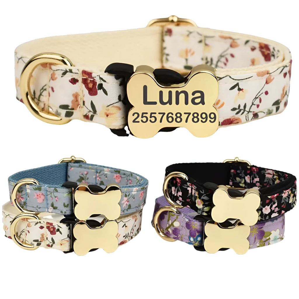 Flat printed grid nylon dog collar with a bone-shaped buckle in assorted colours