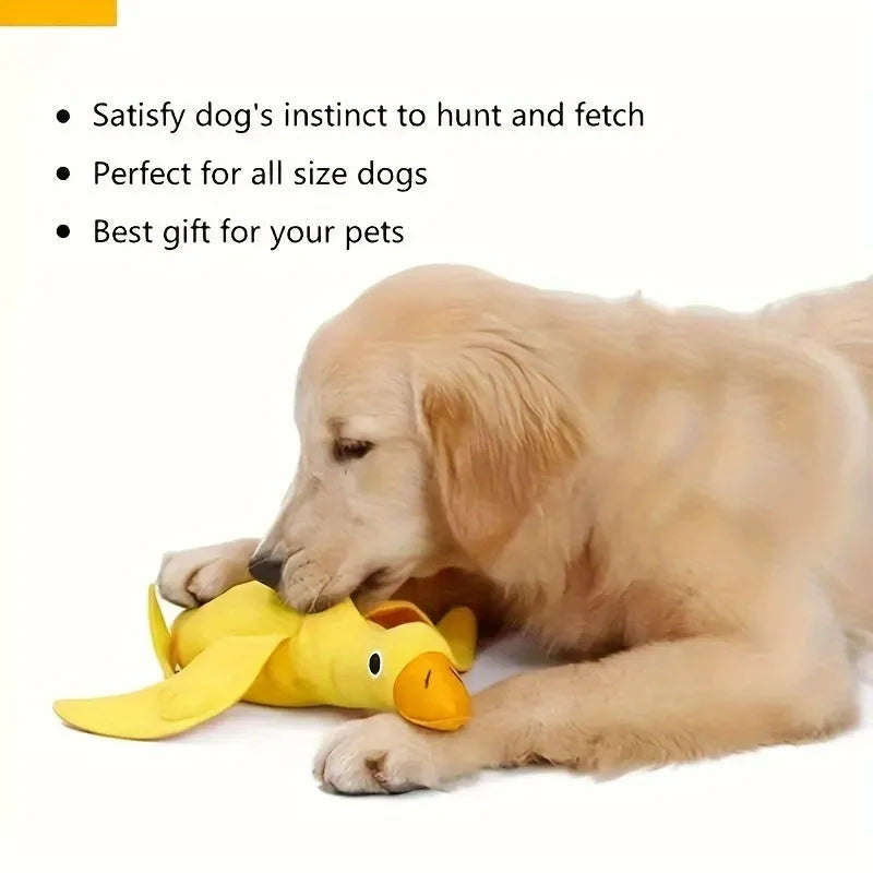 Yellow teddy dog toy with an attached duck doll, showing integrated food leak pockets for treats.