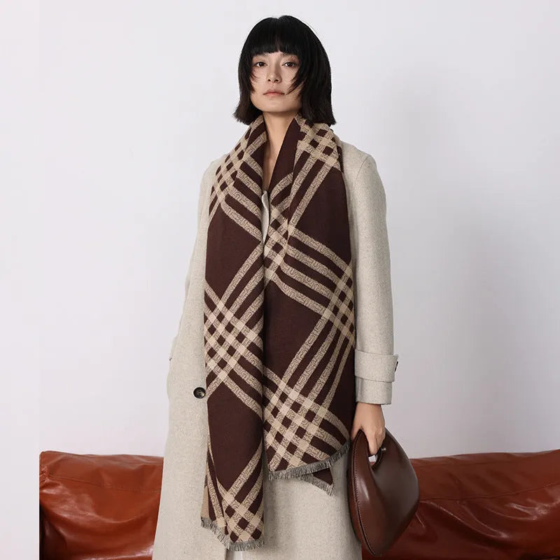 Women's imitation cashmere scarf with tassels in brown colour showing 185cm length