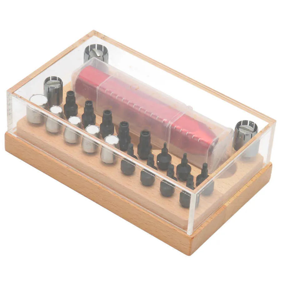 Steel watch repair barrel-opening tool kit with 20 pieces in a black organiser case.