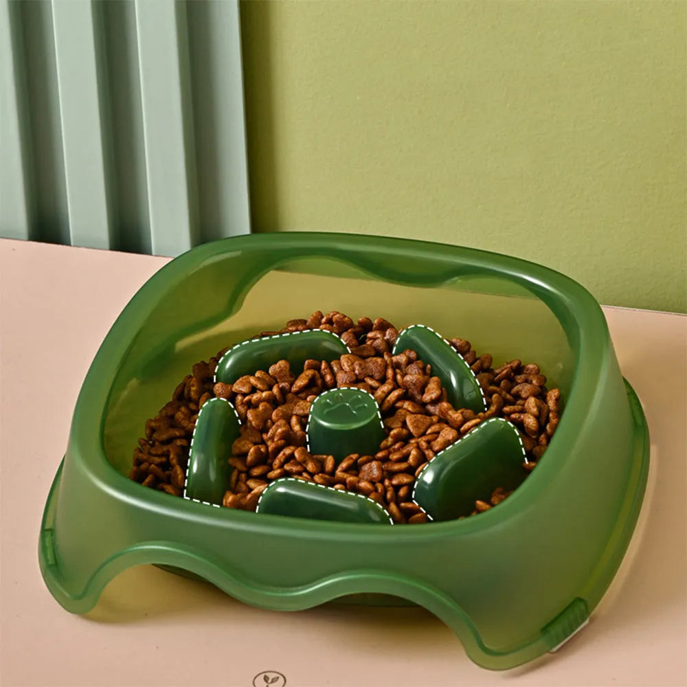 Plastic slow feeder dog bowl in blue, grey, green, and orange colour options