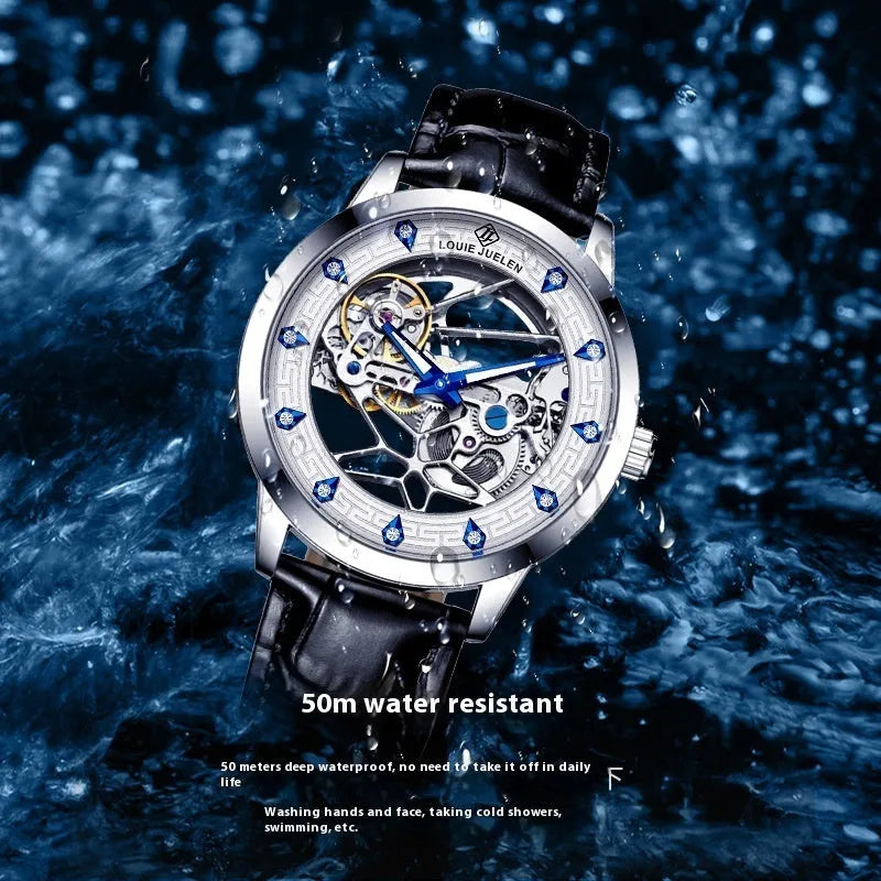 Men's silver mechanical watch with white dial, blue luminous hands, leather strap, and butterfly buckle