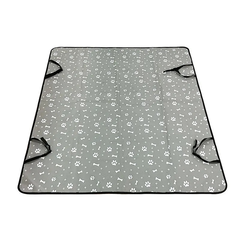 Waterproof car rear seat pet mat with non-slip backing in grey with dog footprint pattern