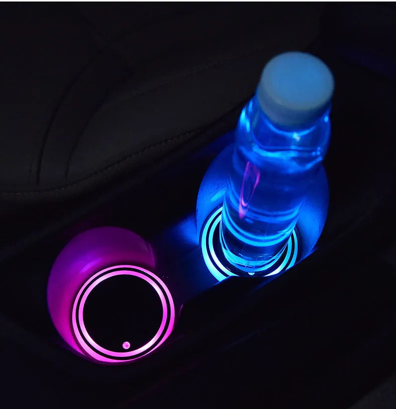 Colourful LED light-up coaster for car cup holder with 7 lighting modes and USB charging cable