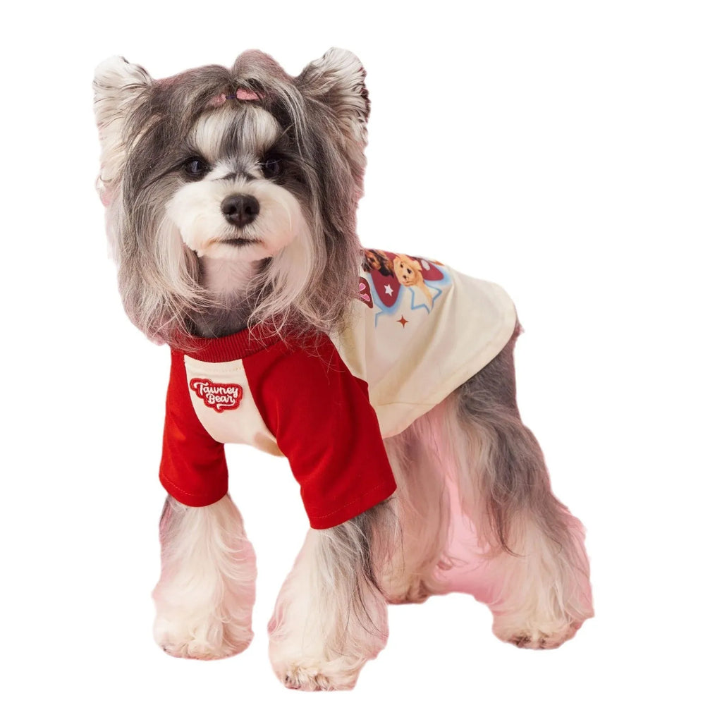 Summer dog clothes made of cotton in embroidered red, showing contrast colour details.