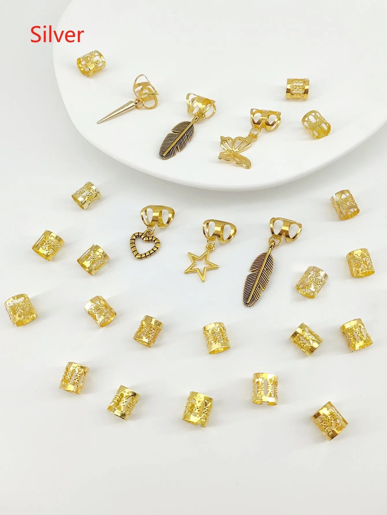 26-piece pack of antique style hair rings with trendy leaves design in gold or silver electroplated alloy