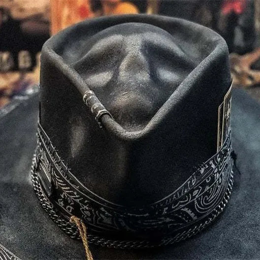 Black and white skull print wool felt denim hat with conical crown for Halloween costumes