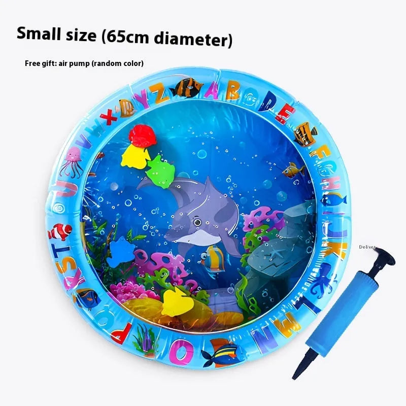 PVC inflatable water bed cooling mat for dogs and cats on a floor, showing dolphin design.